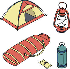 This whimsical illustration depicts a camping tent, sleeping bag, lantern, and gas canister.