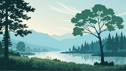 A peaceful, illustrated landscape featuring a tranquil river winding through a valley nestled between majestic mountains.
