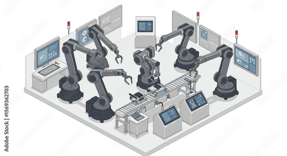 Poster isometric vector illustration of an automated robotic assembly line in a factory setting