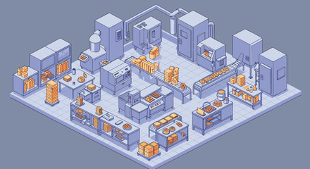Obraz premium Isometric bakery kitchen layout with equipment and baked goods vector illustration