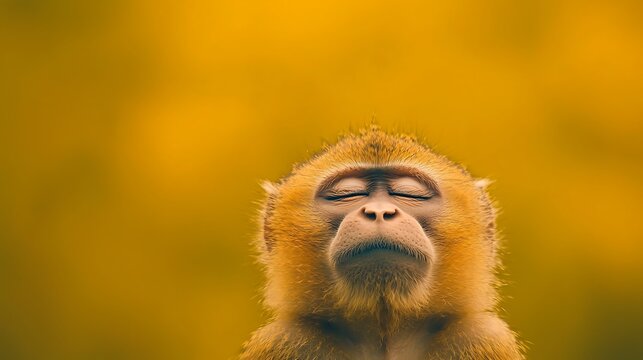 Peaceful Monkey Meditating, Eyes Closed, Golden Bokeh