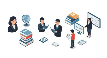 Academic collaboration and learning in office environment vector illustration - education and teamwork concept