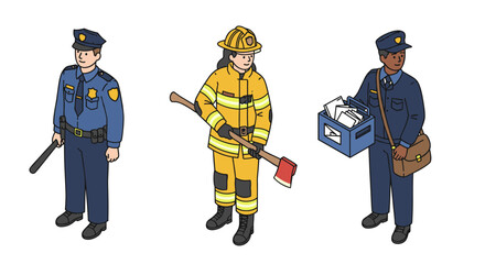 Profession illustrations featuring police officer, firefighter, and mail carrier in flat vector style