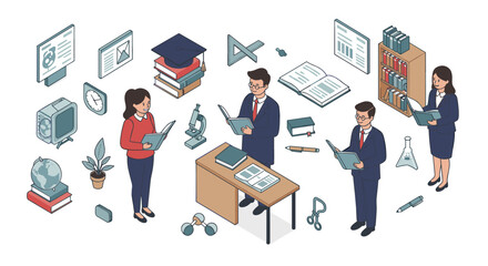 Educational office isometric vector illustration featuring professionals and academic elements for design and learning concepts