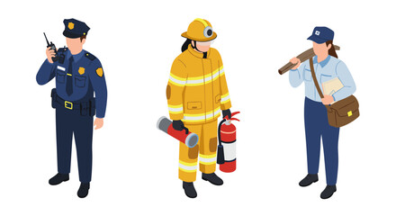 Isometric vector illustration of essential occupations: police officer, firefighter, and postal worker