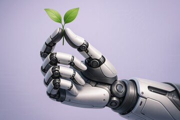 Robotic Hand Nurturing Seedling Demonstrates Harmony Between Technology and Nature, Symbolizing Growth and Sustainable Innovation against a serene backdrop.