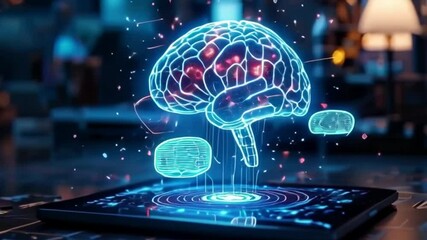 Simulated Brain Connected to Digital Tablet Glowing Neon Light - Powered by Adobe
