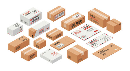 Isometric vector illustration of various shipping boxes and envelopes for logistics and delivery design