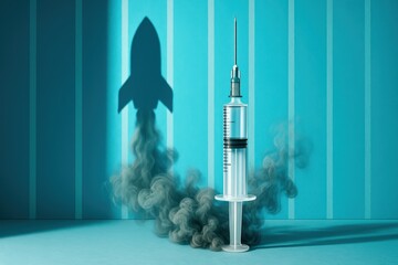 Syringe casts a rocket shadow, suggesting a vaccine launch to new health frontiers and bright future innovation against illness, presented with blue and white minimalism.