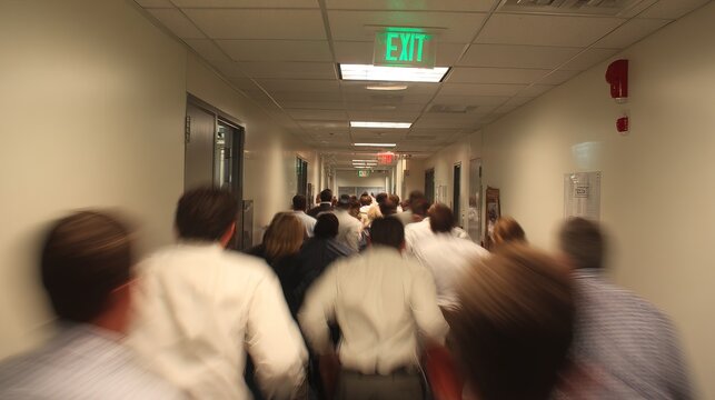 A crowd of business people hurriedly rush down a narrow office hallway towards an exit sign.