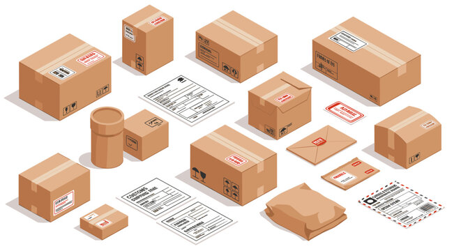 Isometric vector illustration of shipping boxes and labels for logistics and packaging design