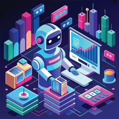Futuristic robot analyzing data and charts in a digital world silhouette