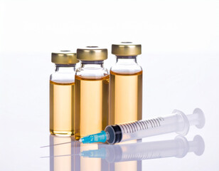Three vials filled with amber liquid and a syringe are arranged on a reflective surface.