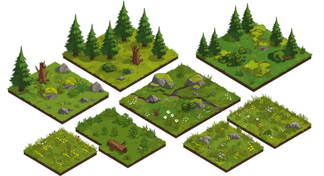 Forest landscape elements vector illustration for game design and nature projects in isometric style
