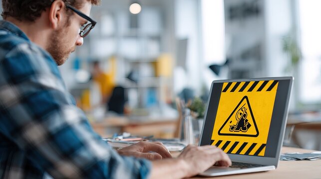 A man wearing glasses looks intently at a laptop screen displaying a yellow warning sign with a bug symbol, indicating a cybersecurity or virus alert. - Powered by Adobe
