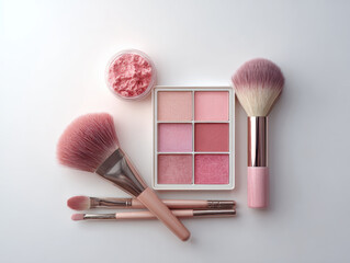 Beautifully composed shot of blush palettes, makeup brushes, and powder container, showcasing soft pink tones and elegant design, perfect for beauty enthusiasts