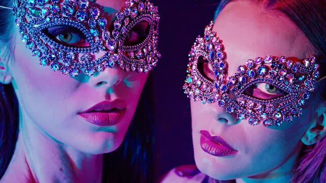 Elegant masked performers showcase vibrant beauty in dynamic lighting at a nighttime event