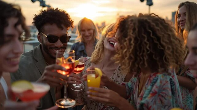 Friends Toasting at Sunset Rooftop Gathering: A group of friends celebrate with vibrant cocktails on a rooftop, set against a stunning sunset, embodying connection and joyous camaraderie.