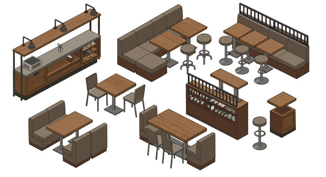 Isometric cafe furniture vector illustration for interior design and layout concepts