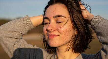 Woman with acne enjoying the sun with hands behind her head
