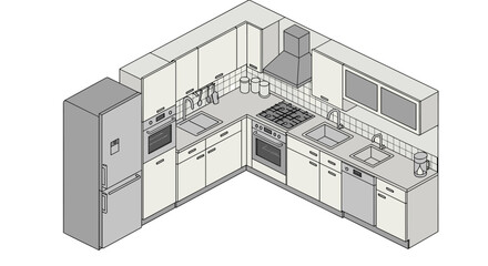 Modern kitchen design vector illustration in isometric style for interior planning