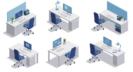 Isometric office furniture vector illustration for workspace design and interior planning
