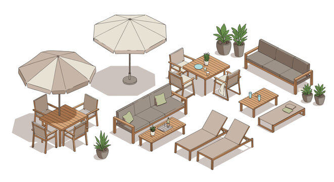 Outdoor patio furniture arrangement vector illustration for design projects in isometric style
