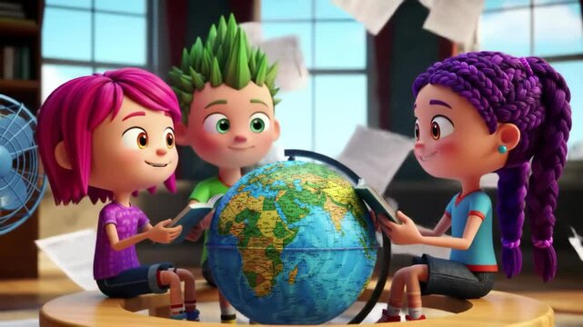 3D cartoon school children learning and interacting with globe in cheerful classroom
