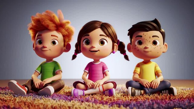 3D cartoon children sitting on carpet in school setting representing classroom learning environment