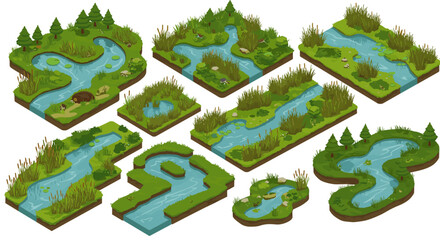 Various isometric nature landscape vector illustration for game design featuring rivers and forests