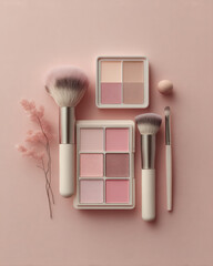 Gentle elegant arrangement of blush palettes, makeup brushes, and soft pink background creates serene beauty scene. delicate colors evoke sense of calm and sophistication