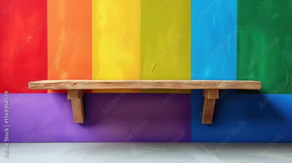 Fototapete empty display shelf against abstract rainbow gradient wall, colorful concept for vibrant product pre