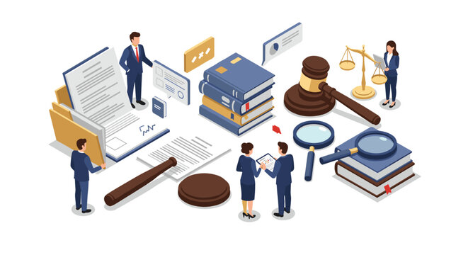 Isometric legal office vector illustration: law practice elements for design and education