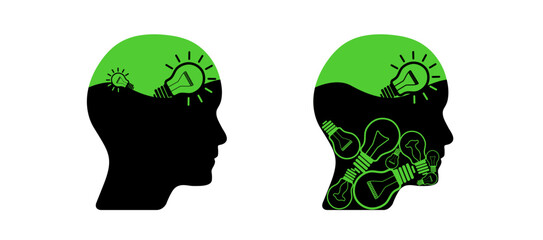 Human head brain set with lightbulb, creative business and mental health illustration. Man, woman head vector graphic to use for business, brainstorm, psychology, idea, learning, innovation projects.