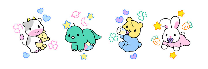 Baby Animal Vector Set – Cute Newborn Characters with Toys and Stars

