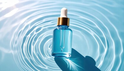 Serum Beauty: A close-up shot of a serum bottle sitting against a blue water backdrop, showcasing beauty and the essence of skincare
