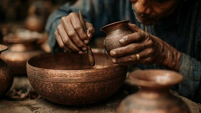 close-up of hands crafting intricate designs on copperware in a traditional workshop, warm earthy tones