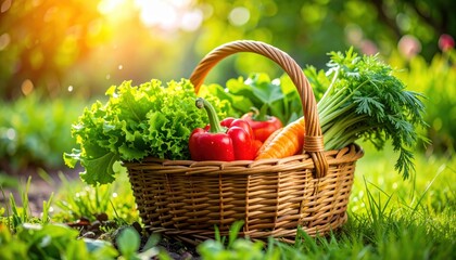 Fresh Garden Harvest Basket: A picturesque woven basket overflowing with a vibrant assortment of freshly harvested organic vegetables rests amidst the verdant greenery.