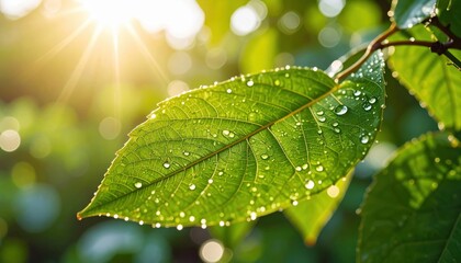 Sunlit Leaf: A close-up of a single, vibrant green leaf glistening with water droplets, illuminated by the radiant rays of the sun, creating a sense of freshness and natural beauty.