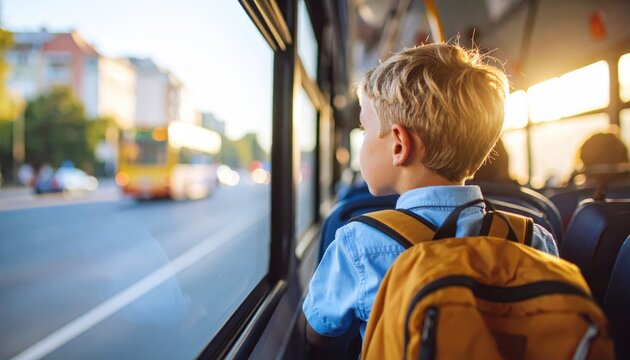 School bus journey: A young boy, his backpack ready, gazes out the window of a school bus. This photo encapsulates a moment of childhood curiosity, education, and the daily commute.