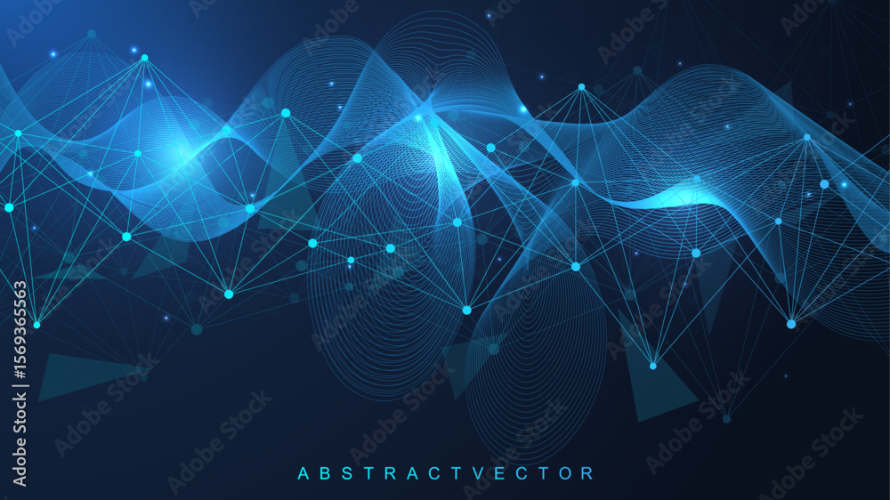 Poster geometric abstract background with connected line and dots. structure molecule and communication. bi