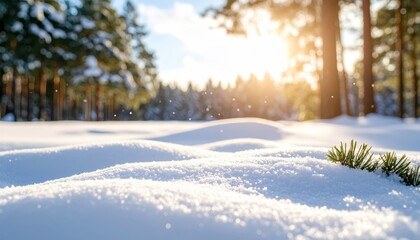Winter Wonderland: A tranquil winter landscape unfolds, where pristine white snow blankets the earth and sun lights creates a magical setting.