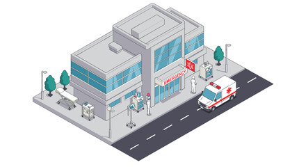 Isometric vector illustration of a modern hospital with ambulance for medical design projects