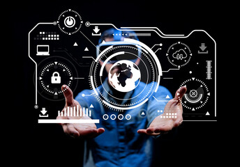 Futuristic Interface Display with Digital World Map and Technology Icons in Hands of a Person in Blue Suit and Masked Face, Cybersecurity Concept