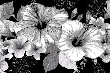 Fototapeta premium Monochrome Hibiscus and Floral Illustration, Botanical Line Art Print