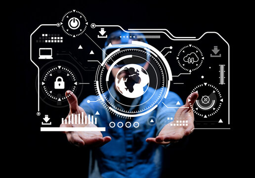 Futuristic Interface Display with Digital World Map and Technology Icons in Hands of a Person in Blue Suit and Masked Face, Cybersecurity Concept