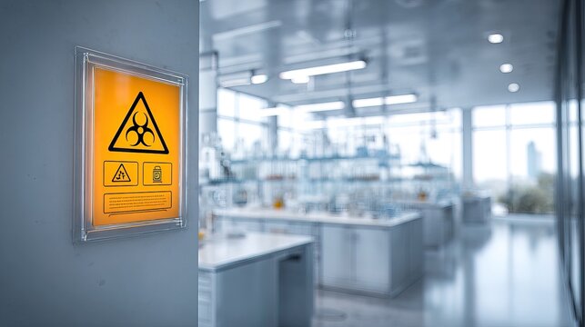 A biohazard warning sign is displayed on a wall in a modern, bright laboratory with scientific equipment and glassware.