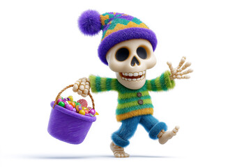 Playful skeleton character holding a basket filled with candy while wearing a colorful knitted sweater and hat. Fun, joyful atmosphere, ideal for Halloween celebrations