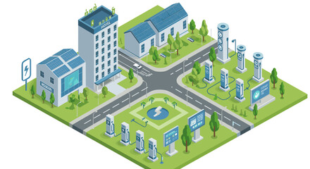 Eco-friendly smart city vector illustration with charging stations and green energy buildings