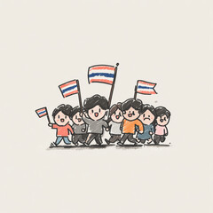Drawing a picture of a group of Thai people holding signs and protest flags in a cartoon animation style. The picture is sharp and cute and really exciting. Minimal. The angle of the picture is a grou